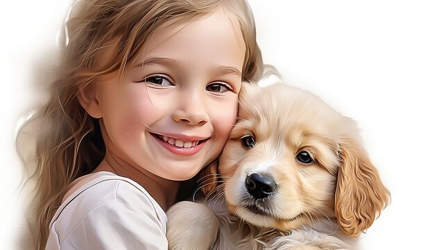 Happy little girl embracing a funny dog. AI generated image