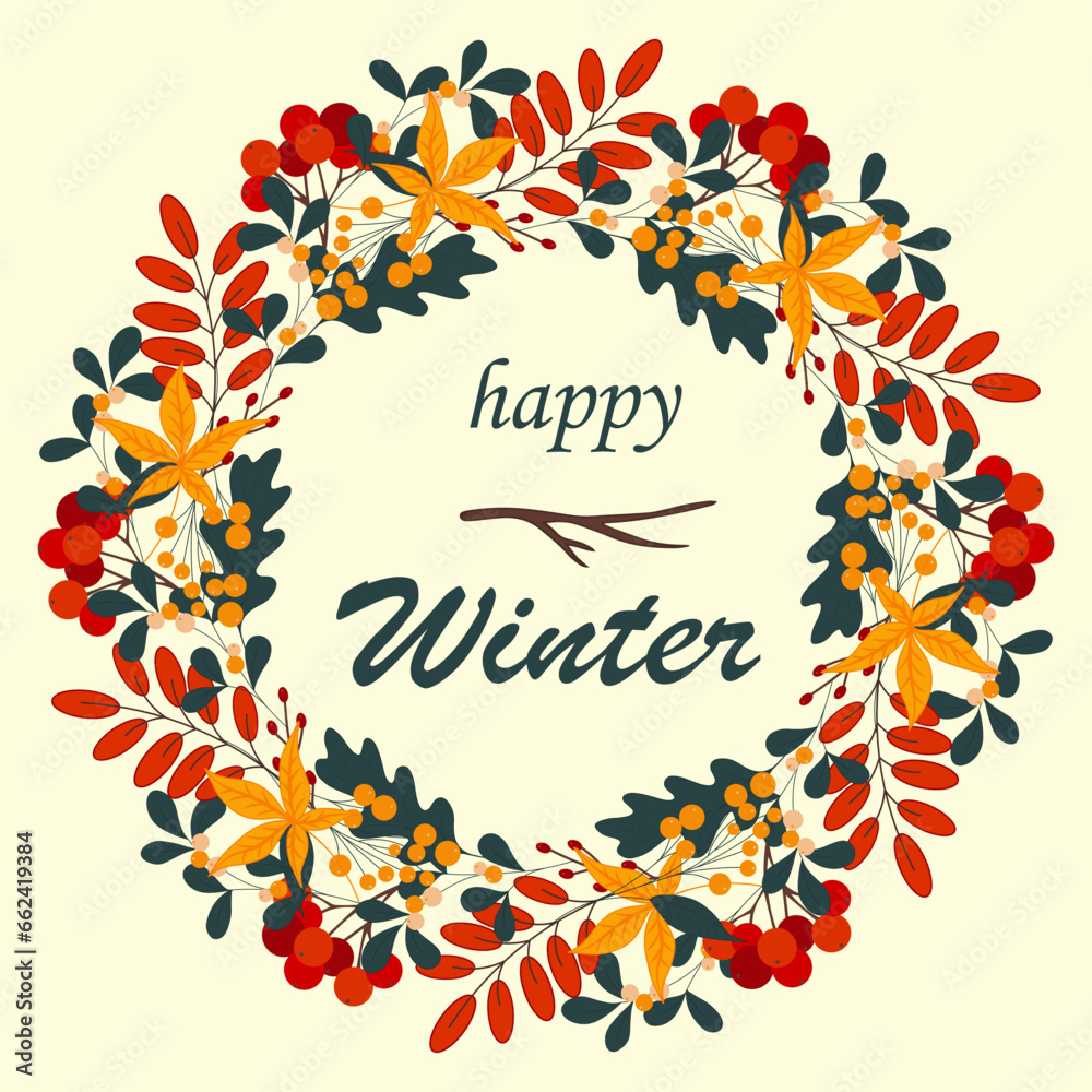 Fototapete wreath of colorful autumn leaves and rowan berries. greeting or invitation card design. vector circl