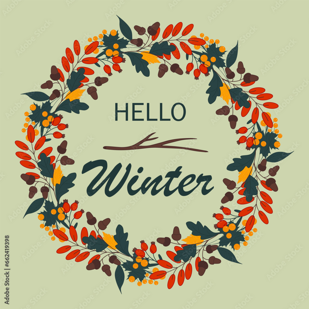 Fototapete wreath of colorful autumn leaves and rowan berries. greeting or invitation card design. vector circl