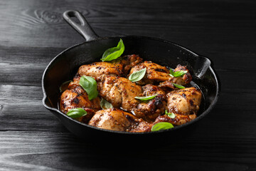 Baked balsamic chicken thighs in cast iron pan