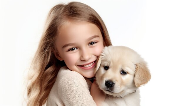 Happy little girl embracing a funny dog. AI generated image