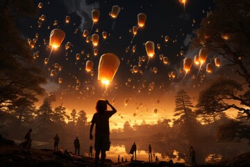 New Year 2024 - releasing lanterns into the sky to symbolize a fresh start - obrazy, fototapety, plakaty