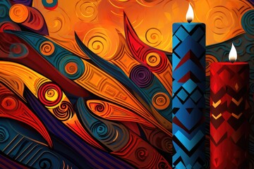 abstract background with burning candles and tribal ornament, Abstract colorful background for Kwanzaa,  an annual celebration of African-American culture