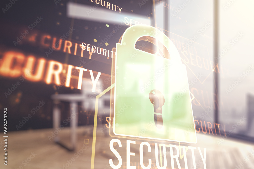 Poster double exposure of creative lock hologram with chip and modern desktop with laptop on background. in