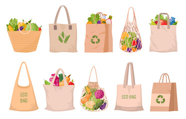 Eco shopping bags. No waste or plastic, reusable grocery bags with vegetables and fruits flat vector illustration set. Zero waste shopping bags