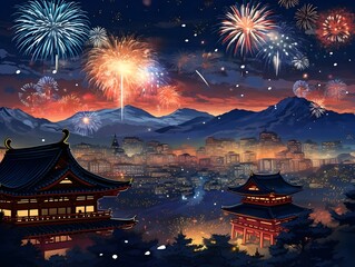The fireworks over night city, illustrations, ai generative