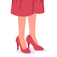 Woman legs. Female wearing red heel and skirt, trendy female outfit. Lady's legs in fashion shoes flat vector illustration