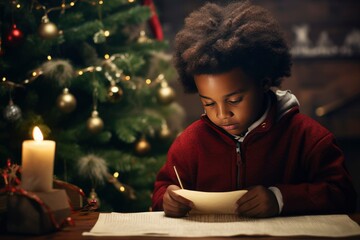 Little black boy writing letter to Santa, wish list of presents for Christmas in decorated room