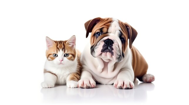 Cat and bulldog sit down together isolated white background. AI generated image