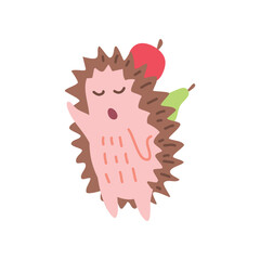 Cartoon Character Hedgehog with Apple and Pear Concept Element Flat Design Style. Vector illustration of Mascot