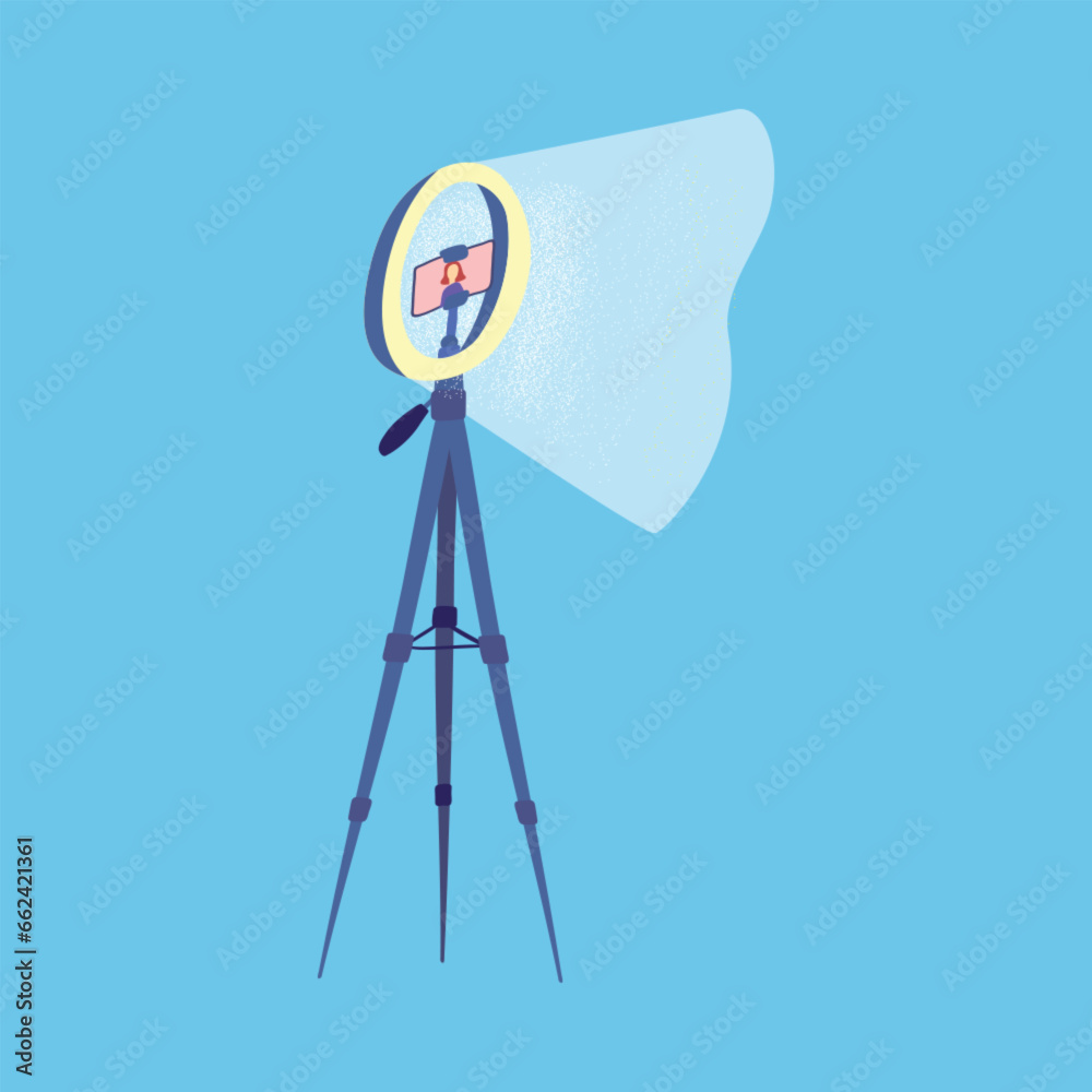 Poster Cartoon Color Led Ring Lamp and Monopod Concept Flat Design Style. Vector illustration of Phone Holder for Live Stream