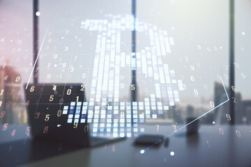 Creative Bitcoin concept and modern desktop with computer on background. Multiexposure