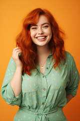 Red-haired smiling plus size girl, self-love, body positive