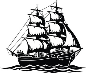 Old Time Pirate Ship Logo Monochrome Design Style - obrazy, fototapety, plakaty