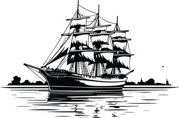 Old Sailing Ship Dock Logo Monochrome Design Style