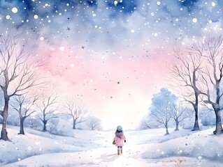 The watercolor illustrated snowscape background with the lonely girl, ai generative
