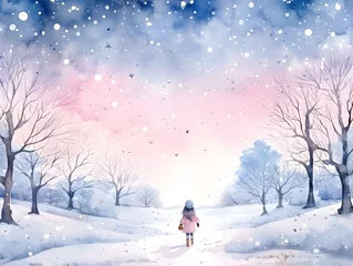 Poster Peinture d aquarelle gratte-ciel The watercolor illustrated snowscape background with the lonely girl, ai generative