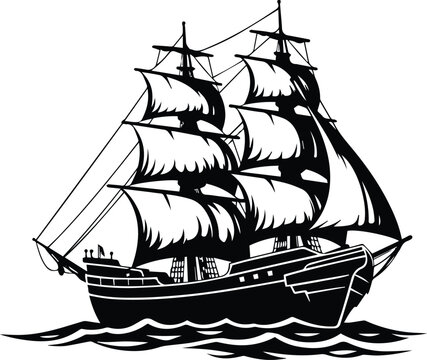 Old Time Pirate Ship Logo Monochrome Design Style