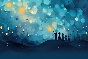 Silhouettes of people on the background of the night sky. Abstract background for Go Caroling Day. 