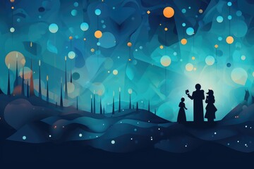 Illustration of christmas card with holy family in the night. Abstract background for Go Caroling Day. 