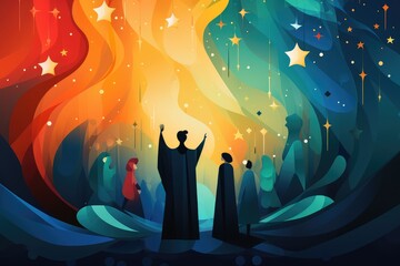Catholic night scene with prayer and mass in the church. Abstract background for World Day of Prayer or Go Caroling Day.  - obrazy, fototapety, plakaty