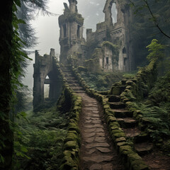 Abandoned fairytale castle in a misty ancient forest