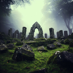 Mysterious stone circle in a foggy ancient forest