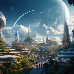 Space colony on a distant planet with futuristic architecture