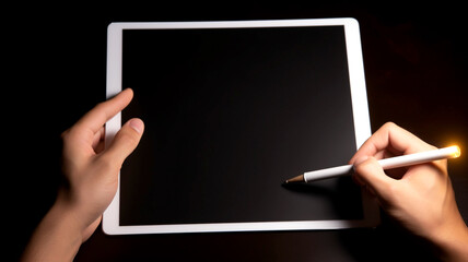 Explore the world of tablet technology with a close-up view of a hand holding a digital device, emphasizing its high-resolution display capabilities and digital versatility. - obrazy, fototapety, plakaty