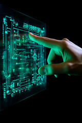 Person pointing at computer screen with green light.