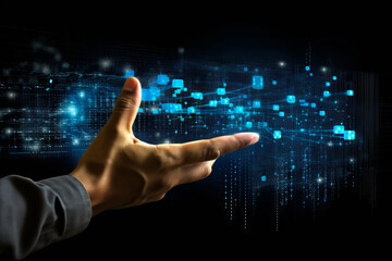 Hand is touching blue and black background with many dots.