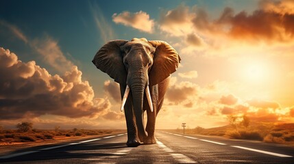 Elephant walking on road at sunset view. AI generated image - obrazy, fototapety, plakaty