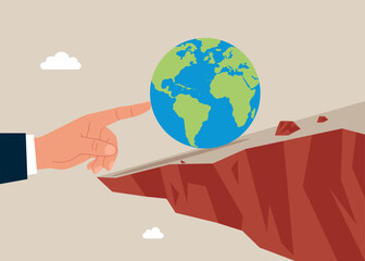 Hand businessman try hard to push the globe from falling off a cliff. Global economic risks. Vector illustration