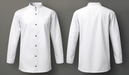 A 3D rendering of a blank white chef's jacket with buttons, mockup viewed from the front, set within an isolated restaurant or hotel environment.
