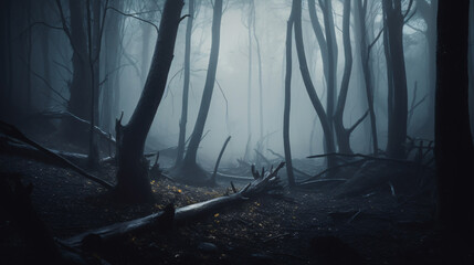 An enigmatic, murky woodland vista with mist and dramatic illumination crafting a moody and secretive aura.