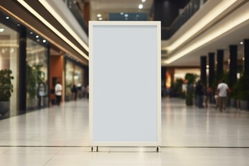 Blank shopping Mall Poster Mockup. Advertisement in a public area. Empty vertical advertising sign in the shopping mall. - obrazy, fototapety, plakaty