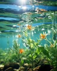 Sea life macro concept. seaweed under water in green and blue colors. cosmetic background. Mermaid core aesthetics. underwater, iridescence, nautical concept. ecology style.