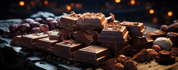 World Chocolate Day concept. various chocolates in dark color. space for text. banner  - obrazy, fototapety, plakaty
