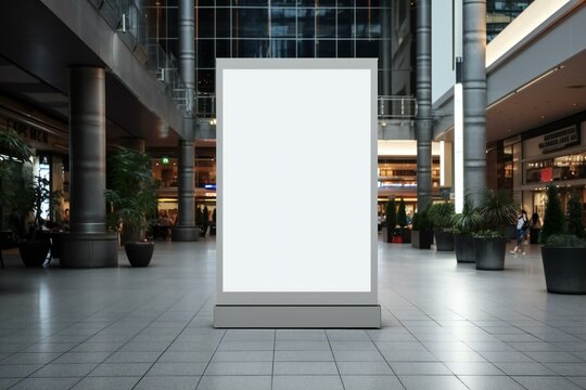 Blank shopping Mall Poster Mockup. Advertisement in a public area. Empty vertical advertising sign in the shopping mall.