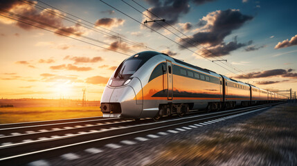 Naklejka premium As the sun sets, a high-speed passenger train races along the railway, offering a glimpse of railroad travel..