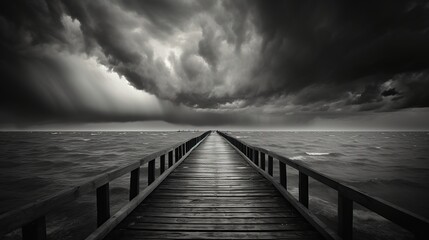 Dramatic view tropical sea with wooden dock bridge.AI generated image - obrazy, fototapety, plakaty