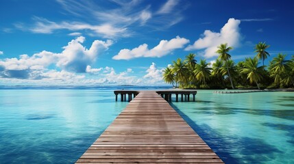 Landscape tropical sea with wooden dock bridge.AI generated image - obrazy, fototapety, plakaty