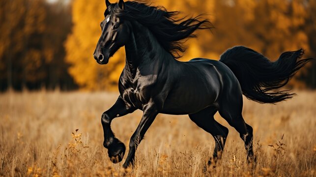 Beautiful black horse galloping in the field at sunset. AI generated image