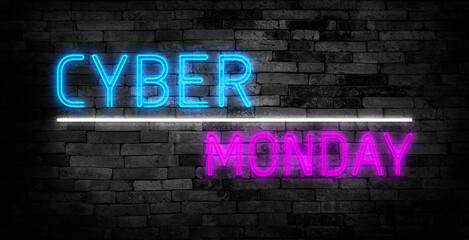 Fototapeta na wymiar Cyber Monday neon horizontal banner. Neon text on dark brick background. Stock vector illustration.
