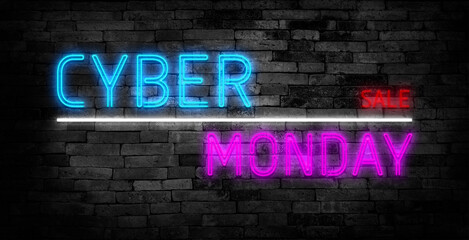 Obraz premium Cyber Monday neon horizontal banner. Neon text on dark brick background. Stock vector illustration.