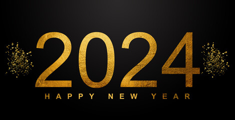 Happy new 2024 year Elegant gold text with confetti and smowflakes. Minimal text template.