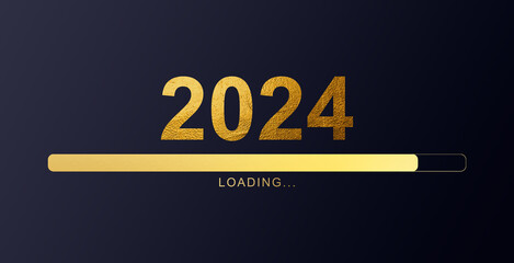 Loading process ahead of new year 2024. Symbol of new year celebration 2024. Golden loading bar with glowing glitter particles on black background for Christmas, greeting cards. Vector illustration.
