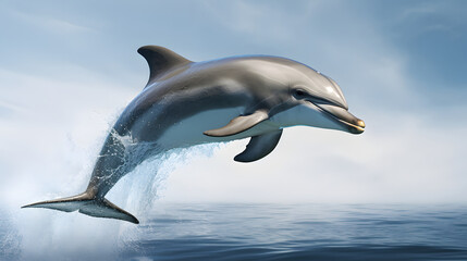 Happy dolphin jumping in mid-air, splashing in the ocean.