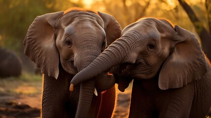 Elephants showing affection in each other nature background. AI generated image