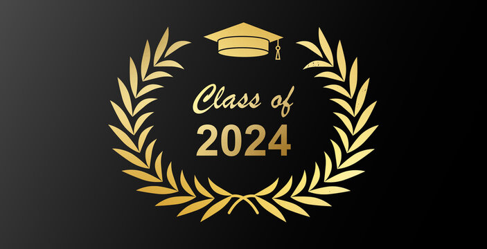 Set of class of 2024 graduation award emblem design template isolated,  graduation cap with laurel wreath in gold color Stock Vector